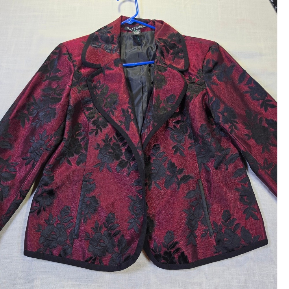 Scott Taylor Womens Burgundy Black Floral Jacquard Open Front Blazer Jacket L